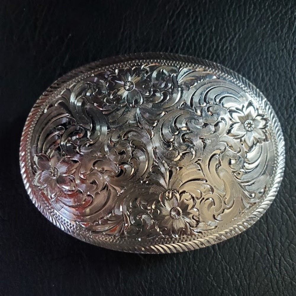 Montana Silversmiths Sterling Silver Plate Floral Engraved Western Belt Buckle